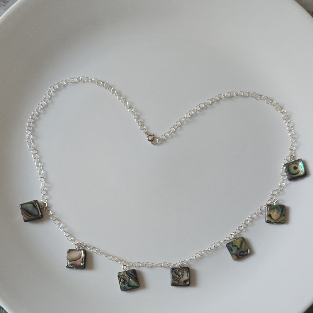 Hand Crafted Silver Necklace with Rainbow Abalone Cube Charms 20 Inches